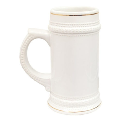 WHITE BEER STEIN - 22OZ - GOLD RIM